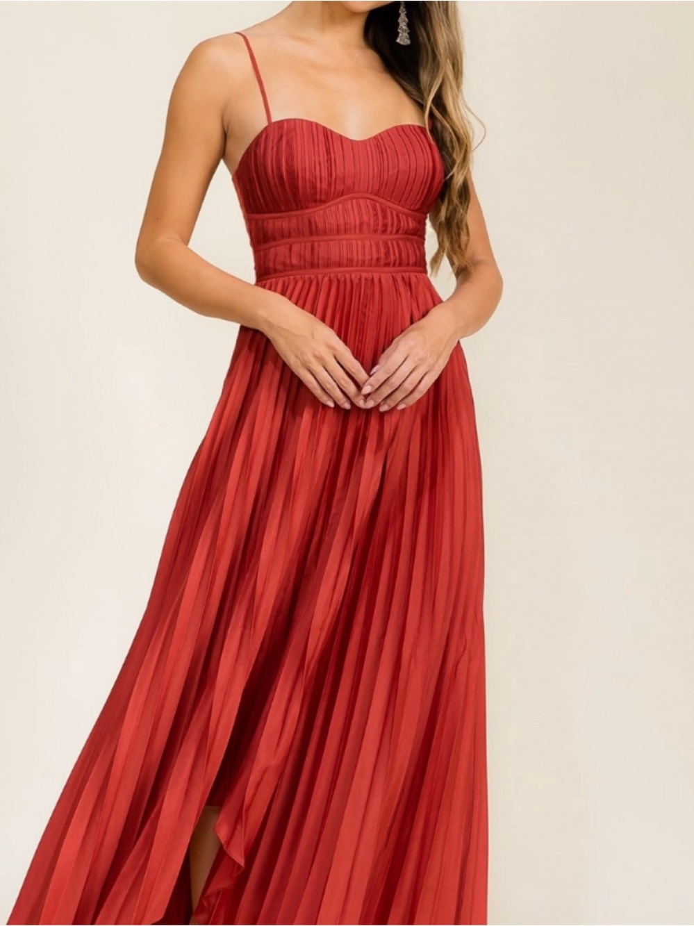 Rust Pleated Corset Maxi Dress with Straps